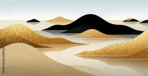 Panel kuchenny z motywem Abstract landscape with golden beige, black hills. Minimalist mountain scene features simple curves, metallic textures. Modern graphic design for wall decor website banner. Calm tranquil background