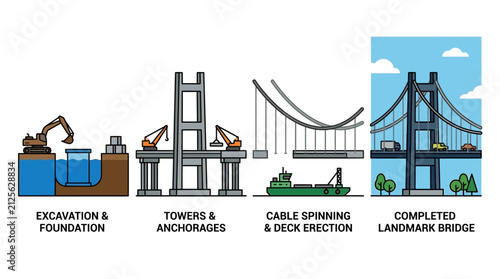 Step-by-step illustration of bridge construction process from excavation to completion
