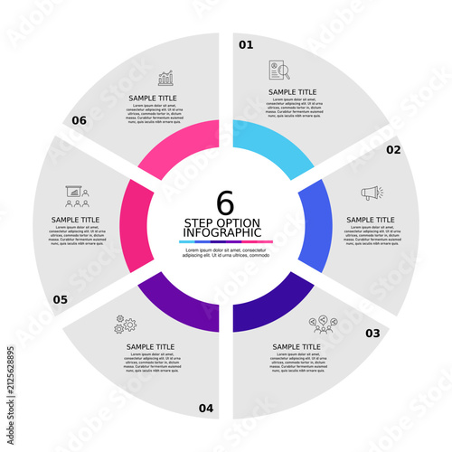 Vector circle infographics 6 options, parts, steps. Template for cycle diagram, graph, puzzle presentation and round chart. Business concept with data processes.