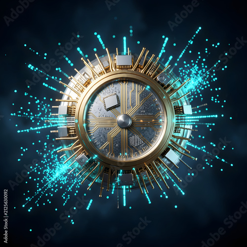 Abstract futuristic quantum computing core processor with glowing data particles background
