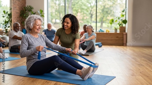 Active Seniors and Fitness Instructor: A cheerful senior woman engages in a resistance band exercise class, guided by a supportive fitness instructor.