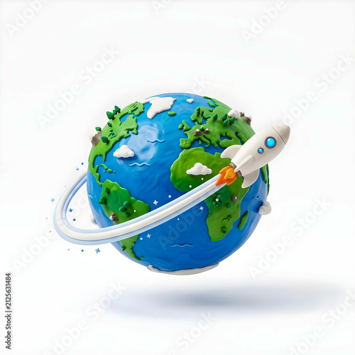 Plakat w ramie Cute clay-style Earth with a flying rocket orbiting the globe, symbolizing travel, exploration, science, adventure, education, innovation, and global discovery for children.