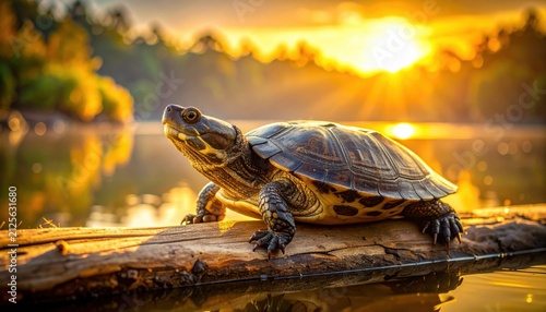 Turtle basking on a log at sunset beside a calm lake
