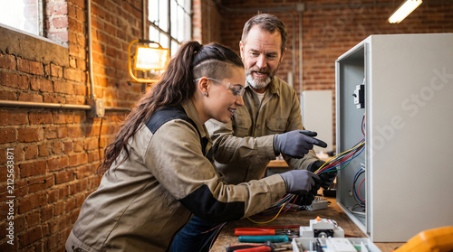 Female apprentice electrician learning from senior mentor