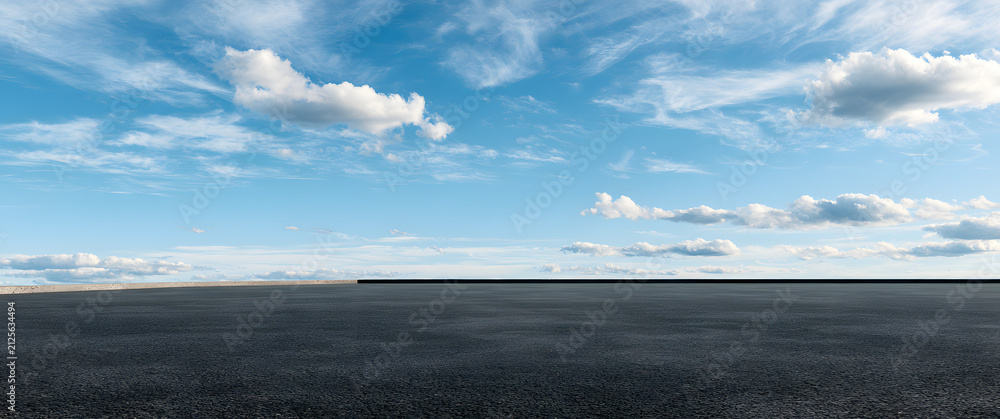 Fototapeta premium A black, textured surface product display backdrop depicting asphalt roads or parking lots, a blue sky with clouds, a car, modern technology, and equipment, suitable for automotive showrooms