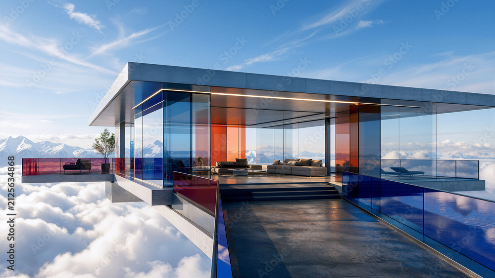 Fototapeta premium Modern house suspended in clouds with mountain view