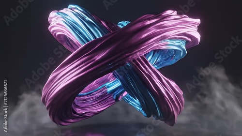 Intertwined pink and blue metallic ribbons form an abstract X shape against a dark smoky background