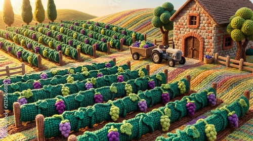 Handmade Yarn Art Knitted Vineyard Landscape Diorama with Stone Farmhouse and Tractor Harvesting Grapes