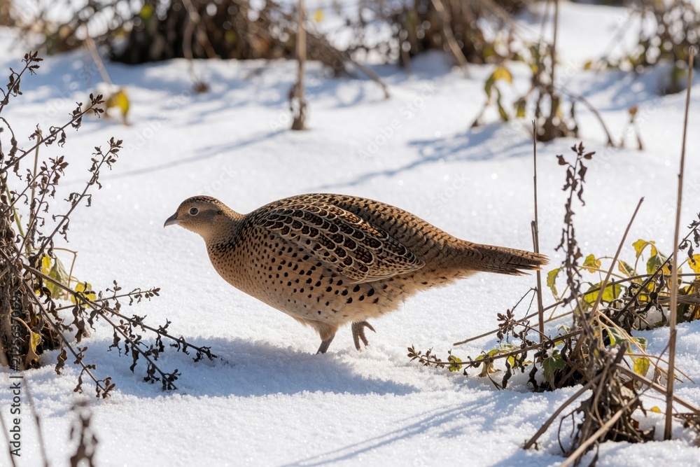 Obraz premium Female pheasant bird walks through deep white snow on winter field. Brown spotted plumage camouflages wild animal among dry stalks plants. Cold frosty weather brings sunlight over rural countryside