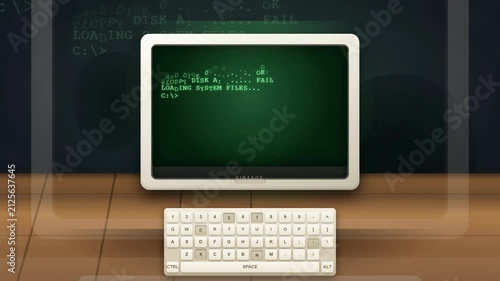 Retro Computer Monitor Typing Boot Sequence and Security Warning Message