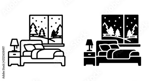 Bild auf Leinwand Cozy Winter Bedroom Icon Set, Snowscape Window View, Bedside Table Lamp, Vector