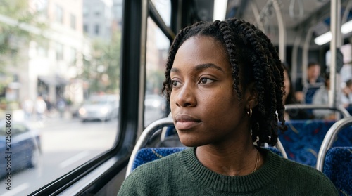 A young woman with braided hair gazes thoughtfully out the window of a moving bus, lost in her own world amidst the blurred cityscape passing by.