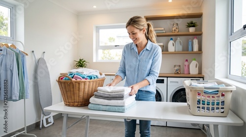 A smiling woman neatly folds clean laundry in a bright, organized laundry room, highlighting domestic comfort and tidiness.