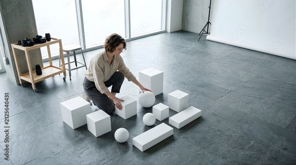 Fototapeta premium Creative photographer arranging white geometric shapes in studio interior