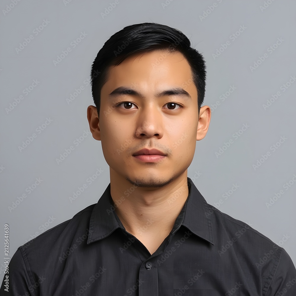 Obraz premium Portrait of a young Asian man. Handsome guy with short hair posing against grey background.