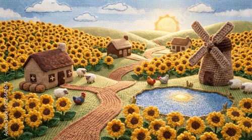 Handmade Yarn Art Knitted Sunflower Field Landscape Flat Textile Art with Windmill and Cottages