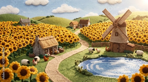 Handmade Yarn Art Knitted Sunflower Field Landscape Flat Textile Art with Windmill and Cottages