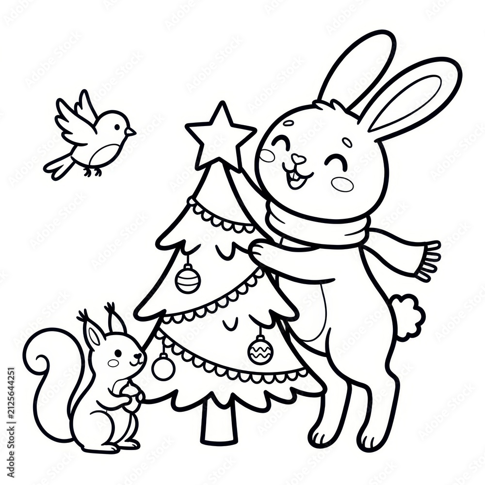 Fototapeta premium Cute rabbit and squirrel decorating Christmas tree