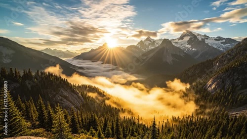 Sunrise over Mountain Valley with Cloud Inversion, Forest, and Snow-Capped Peaks