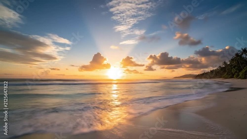 Golden sunrise over tropical beach with gentle waves and palm silhouettes.