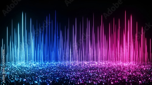 Abstract digital visualization of sound waves with vertical glowing blue and pink light bars rising from a field of sparkling particles in darkness