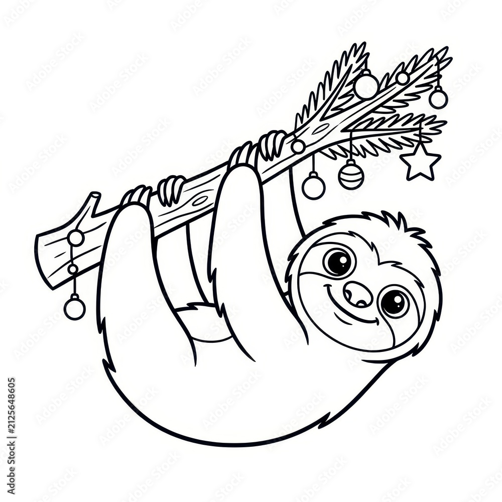Fototapeta premium Cute sloth on a decorated Christmas tree branch