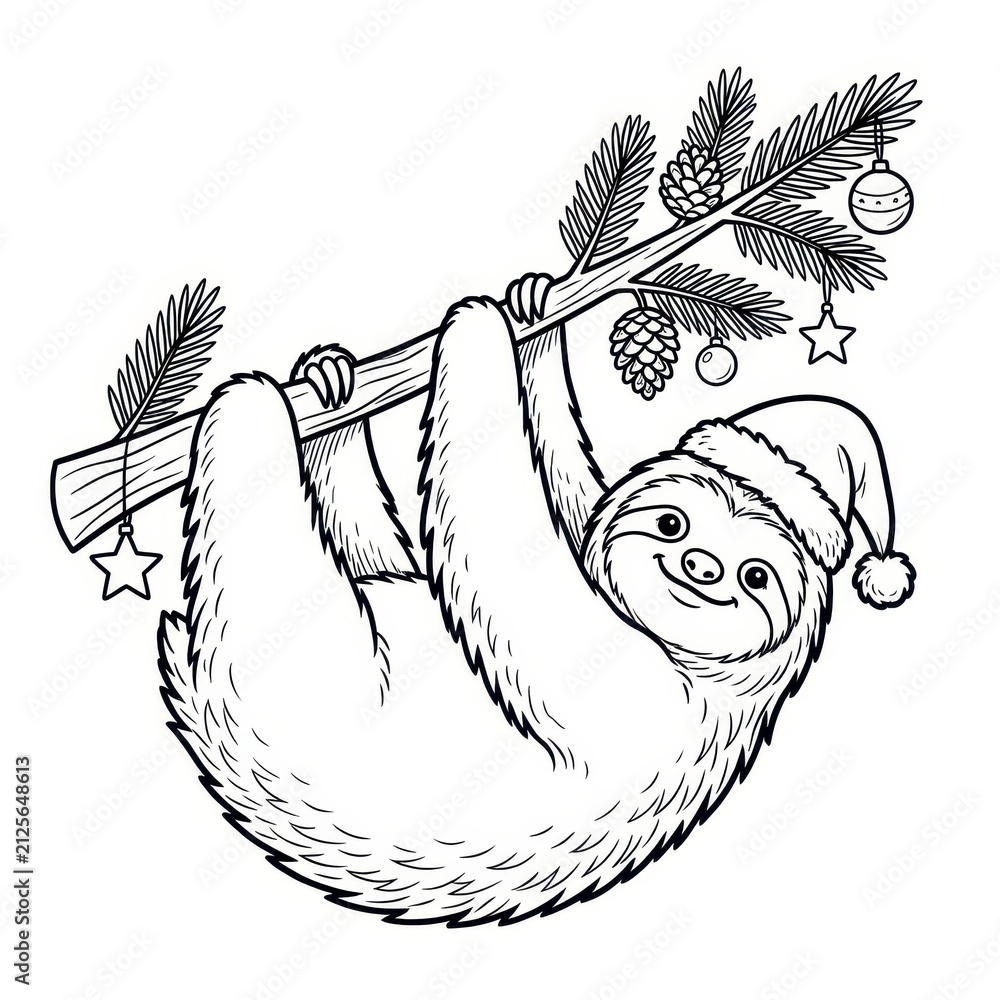 Fototapeta premium Christmas sloth hanging from a decorated tree branch