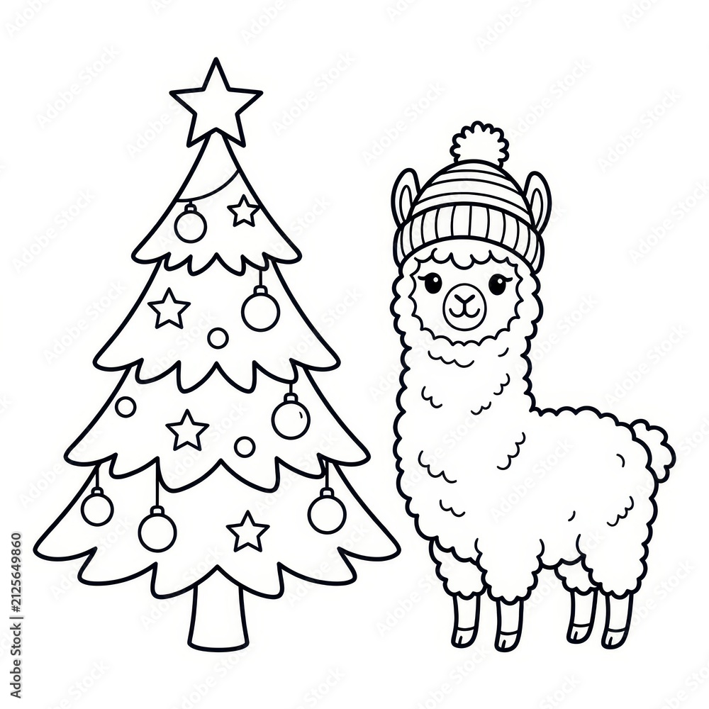 Naklejka premium Cute Llama wearing a beanie with a Christmas tree coloring page