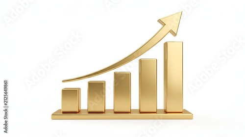 Three dimensional golden bar chart with an upward trending arrow indicating financial growth isolated on a plain white background