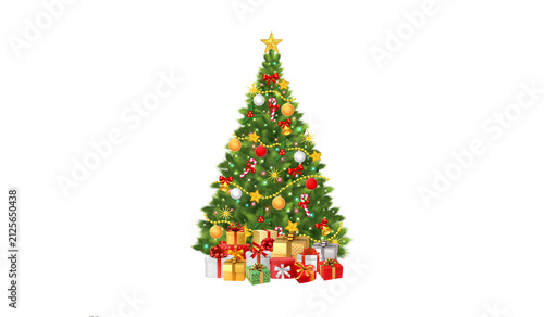 Decorated christmas tree with wrapped gifts and ornaments, christmas