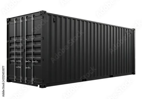Heavy-duty black shipping container with corrugated metal panels isolated on white background
