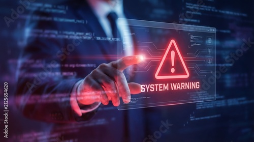 Corporate executive responding to urgent system warning alert on holographic display screen during complex data center network diagnostic procedure