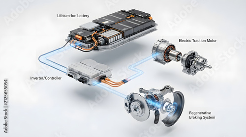 Exploded Electric Vehicle Powertrain Diagram Showing Lithium Ion Battery Pack Electric Motor Inverter and Regenerative Braking System