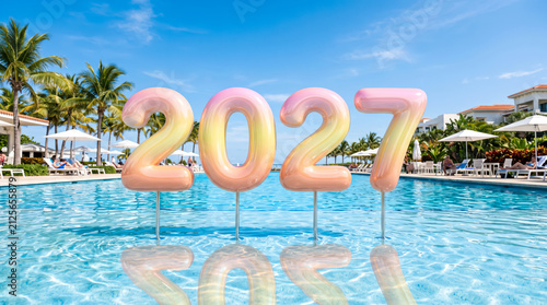 Happy New Year 2027 Celebration in Luxury Tropical Resort Pool