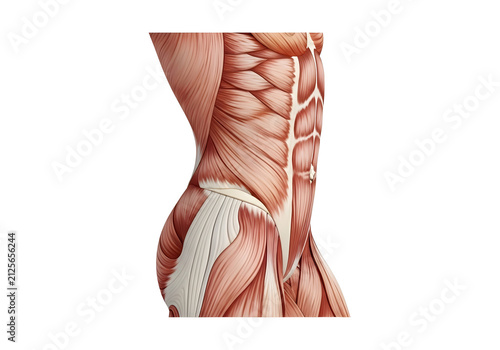 Detailed anatomical illustration of human back muscles and spine in side view medical style