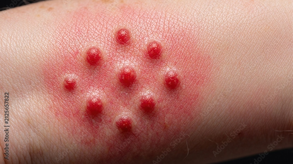 Fototapeta premium Red circular skin rash with small inflamed bumps on human arm. Close view of irritated dermis shows allergic reaction infectious disease symptoms. Medical problem requires urgent pro dermatology care