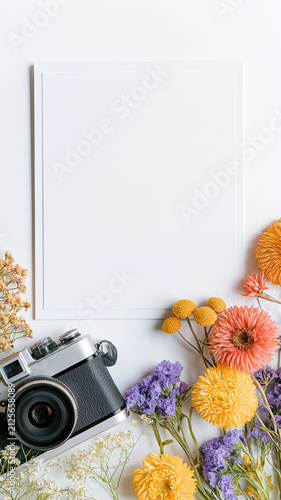 カメラと季節の花々に囲まれた空白カードの俯瞰構図