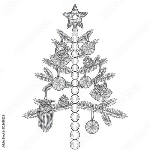 Black and white Christmas tree line art with macrame ornaments