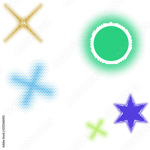 Colorful abstract geometric icons set with star, snowflake, sun, and leaf isolated on transparent background