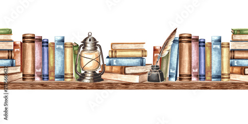 Books on vintage bookshelf watercolor seamlees border. Banner with textbooks and stationery hand drawn illustration isolated. Template background for library, school, bookshop, wallpaper, sticker.