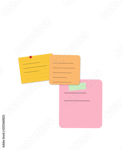Three colorful sticky notes with blank space for writing isolated on transparent background