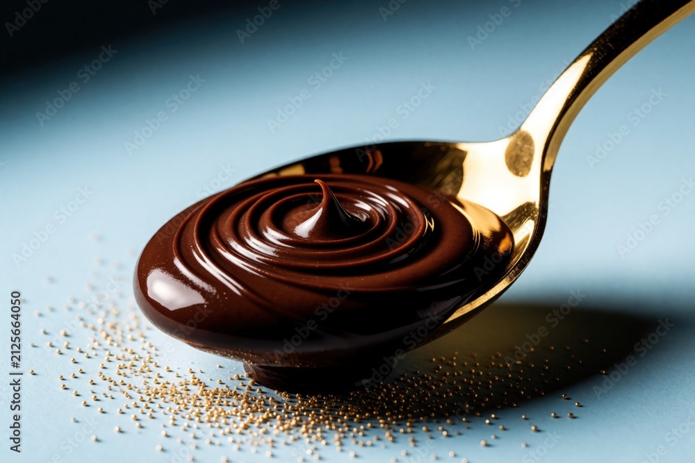 Fototapeta premium Golden spoon holds dark swirl of melted chocolate sauce. Shiny metal utensil sits on light blue surface with small decorative grains. Delicious cocoa dessert liquid shows smooth creamy texture. Pro