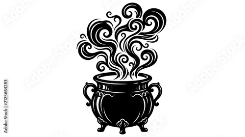 Black and white steaming cauldron illustration. Fantasy potion brewing icon. Mystical magic symbol for Halloween or witchcraft themes.