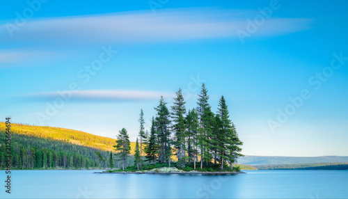 Serene Lake Landscape with Evergreen Trees and Majestic Mountain Range in the Background, Capturing the Essence of Nature's Tranquility and the Beauty of the Great Outdoors