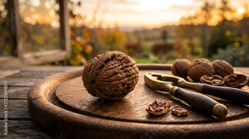 Rough Walnut on Round Wooden Cutting Board with Nutcrackers and Cracked Shells