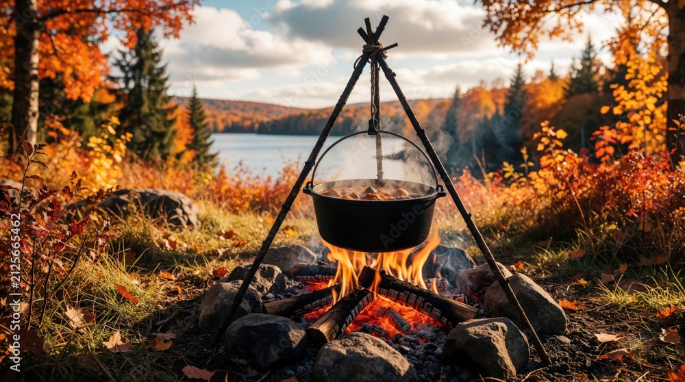Fototapeta premium Cast iron pot cooks stew over campfire with steam rising. Autumn forest surrounds lake and outdoor meal preparation. Burning logs provide warmth for cooking food.