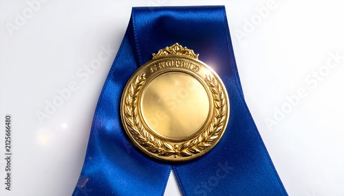 Gold Medal with Blue Ribbon White Background
