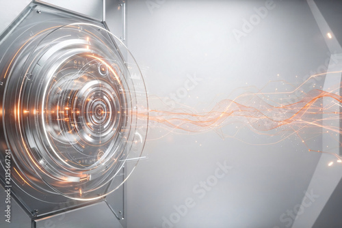 Glass ring optical lens device focusing orange laser data streams on white background