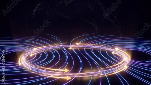 abstract circular motion with glowing lines and arrows in dark background