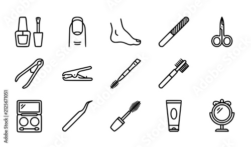 Manicure Pedicure Line Icon Set, Nail Polish File Scissors Clipper Mascara Eyeshadow Tweezers Outline Vector Icons for Beauty Salon